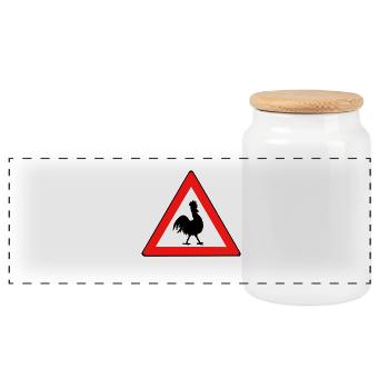 Chicken warning sign with humor - Panoramic Cookie Jar with Wooden Lid - white - Front