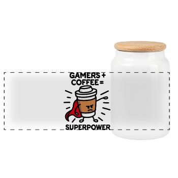 Spieler + Kaffee = Supermacht - Superheld - Held - Panorama Keksdose mit Holzdeckel - Weiß - Vorne