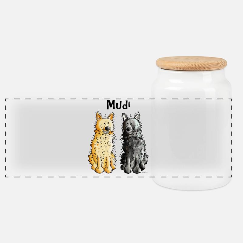 Lustiges Mudi Duo I Hund I Herrchen Geschenk - Panorama Keksdose mit Holzdeckel - Weiß