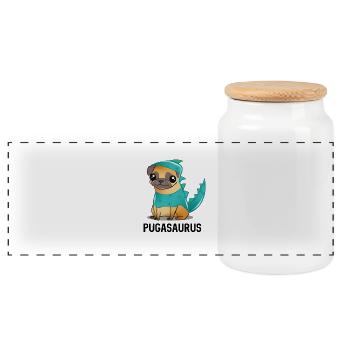 Mops-Dinosaurier-Kostüm Kawaii Cartoon - Panorama Keksdose mit Holzdeckel - Weiß - Vorne