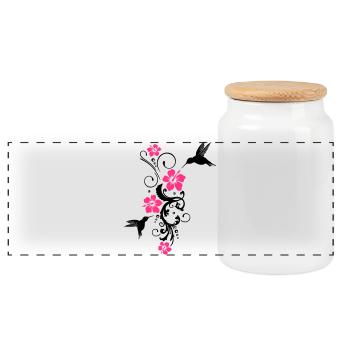 Hummingbird, colibri with hibiscus flowers - Panoramic Cookie Jar with Wooden Lid - white - Front