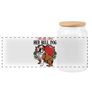 Bulldog mit Herz und Blumen - Panorama Keksdose mit Holzdeckel - Weiß - Vorne