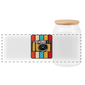 Retro Camera Pop Art Block - Panoramic Cookie Jar with Wooden Lid - white - Front