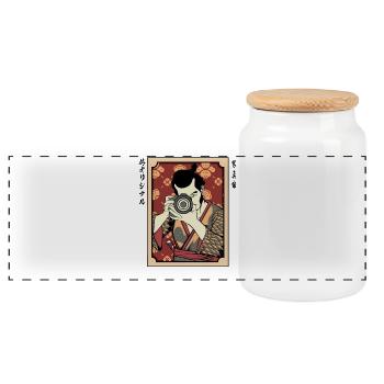 Cameraman in Kimono Hanami - Panoramic Cookie Jar with Wooden Lid - white - Front