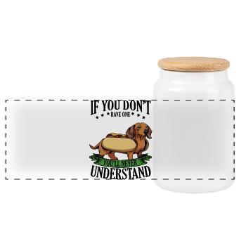 Dachshund Hotdog with Banner - Panoramic Cookie Jar with Wooden Lid - white - Front