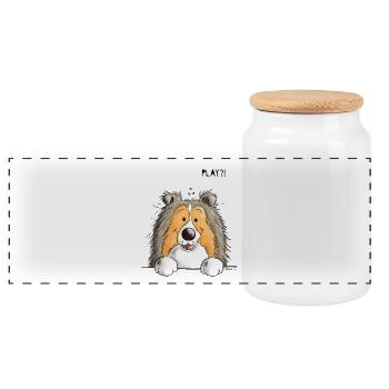 Sheltie denkt sich Play - Panorama Keksdose mit Holzdeckel - Weiß - Vorne
