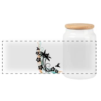 Palm trees with wave, hibiscus and hummingbirds. - Panoramic Cookie Jar with Wooden Lid - white - Front