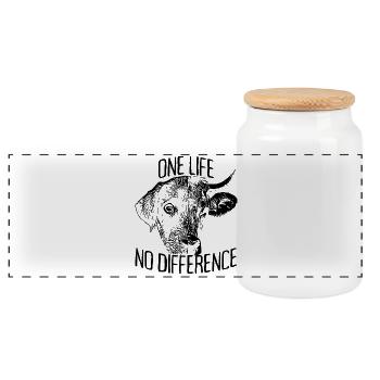 One Life No Difference Vegan Vegetarian Animal Welfare - Panoramic Cookie Jar with Wooden Lid - white - Front