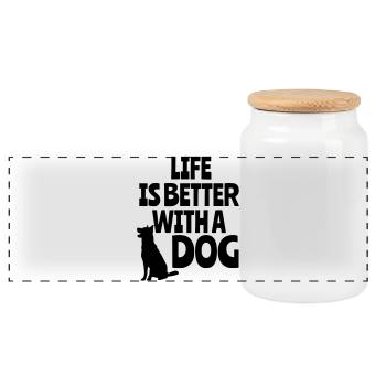 Life is better with a dog, animals, dogs * - Panoramic Cookie Jar with Wooden Lid - white - Front