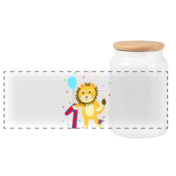 First Birthday 1st Year Lion Sweet Gift - Panoramic Cookie Jar with Wooden Lid - white - Front