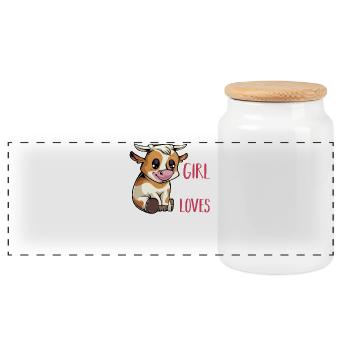 Cow Lover Motif Girl - Panoramic Cookie Jar with Wooden Lid - white - Front