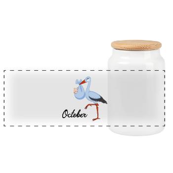 Pregnant stork baby is born in October - Panoramic Cookie Jar with Wooden Lid - white - Front