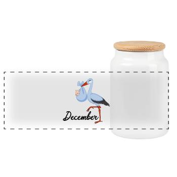 Pregnant stork baby is born in December - Panoramic Cookie Jar with Wooden Lid - white - Front