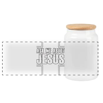 Ask Me About Jesus Kreuz Design - Panorama Keksdose mit Holzdeckel - Weiß - Vorne