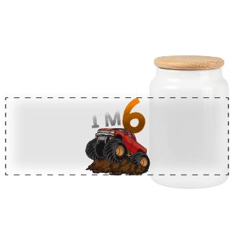 6th Birthday Monster Truck - Panoramic Cookie Jar with Wooden Lid - white - Front
