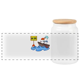 Moin Seemann Möwe Seemöwe Boot - Panorama Keksdose mit Holzdeckel - Weiß - Vorne