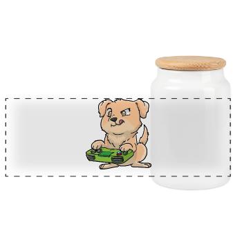 Golden Retriever Gaming Kawaii - Panoramic Cookie Jar with Wooden Lid - white - Front