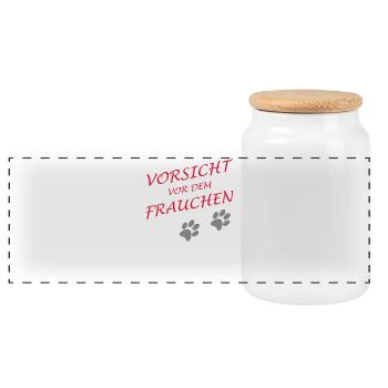 Vorsicht vor dem Frauchen, der Hund ist harmlos - Panorama Keksdose mit Holzdeckel - Weiß - Vorne
