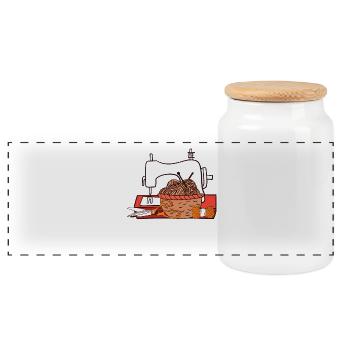 Sewing & Knitting Hobby Craft Design - Panoramic Cookie Jar with Wooden Lid - white - Front
