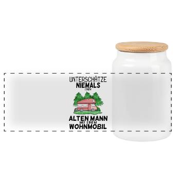 Alter Mann Wohnmobil - Panorama Keksdose mit Holzdeckel - Weiß - Vorne