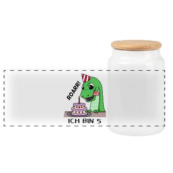 5. Geburtstag Dino Geburtstag Ich bin 5 - Panorama Keksdose mit Holzdeckel - Weiß - Vorne