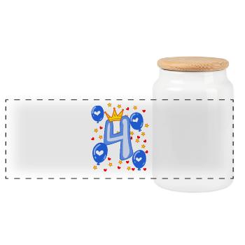 4th Birthday Young Balloons Crown Stars - Panoramic Cookie Jar with Wooden Lid - white - Front