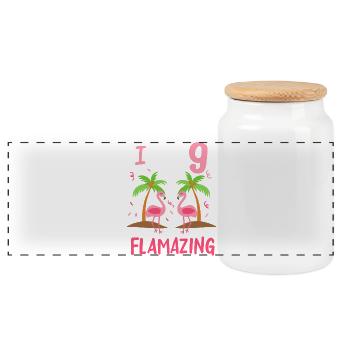 9. Geburtstag Flamingo - Panorama Keksdose mit Holzdeckel - Weiß - Vorne