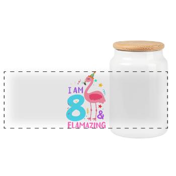 8. Geburtstag Flamingo - Panorama Keksdose mit Holzdeckel - Weiß - Vorne