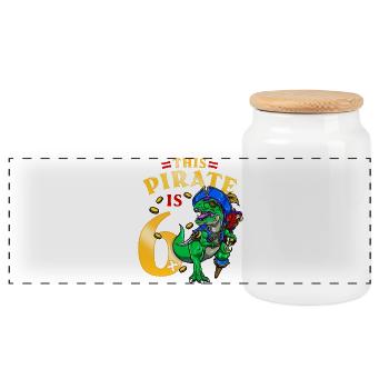 6. Geburtstag Pirat Dinosaurier - Panorama Keksdose mit Holzdeckel - Weiß - Vorne