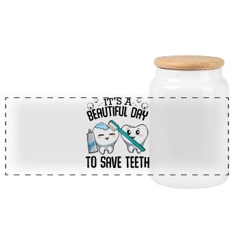 Duo de soins dentaires : Se brosser les dents - Boîte à biscuits avec couvercle en bois - blanc - Devant