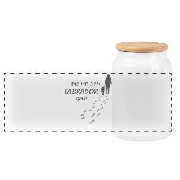 Die mit dem Labrador geht, Hundepfoten Labbi Gassi - Panorama Keksdose mit Holzdeckel - Weiß - Vorne
