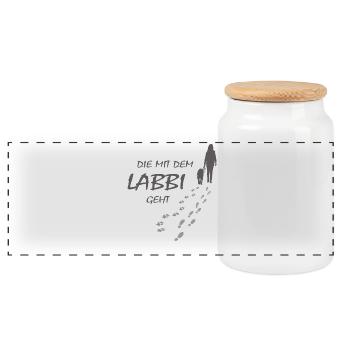 Die mit dem Labbi geht, Hundepfoten Labrador Gassi - Panorama Keksdose mit Holzdeckel - Weiß - Vorne