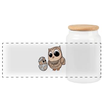 Hibou avec bébé hibou - Boîte à biscuits avec couvercle en bois - blanc - Devant