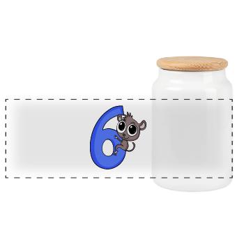 6 ans - 6ème anniversaire - motif lémuriens gobelins - Boîte à biscuits avec couvercle en bois - blanc - Devant