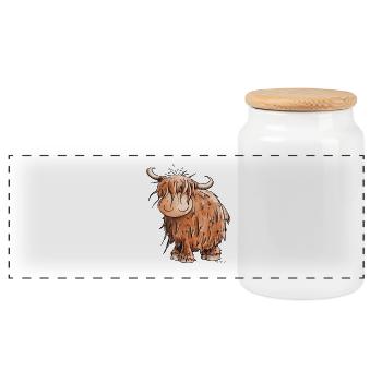 Schottisches Hochlandrind I Highland Cattle Kuh - Panorama Keksdose mit Holzdeckel - Weiß - Vorne
