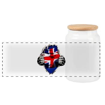 Britische Flagge unterm Shirt - Panorama Keksdose mit Holzdeckel - Weiß - Vorne