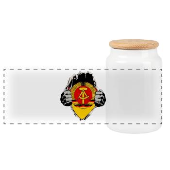 DDR-Flagge unterm Shirt - Panorama Keksdose mit Holzdeckel - Weiß - Vorne