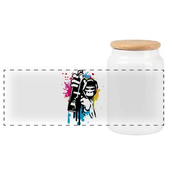 cooler Street Art Gorilla Sprayer im Graffiti Stil - Panorama Keksdose mit Holzdeckel - Weiß - Vorne