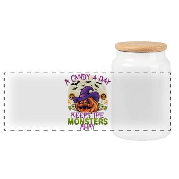 A candy a day keeps the monsters away - Panoramic Cookie Jar with Wooden Lid - white - Front