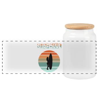 Surferin Silhouette mit Sonnenuntergang - Panorama Keksdose mit Holzdeckel - Weiß - Vorne