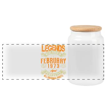 1973 February Birthday Legend - Panoramic Cookie Jar with Wooden Lid - white - Front