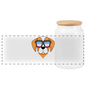 Transgender Epagneul Breton Dog - Dog with Glasses - Panoramic Cookie Jar with Wooden Lid - white - Front