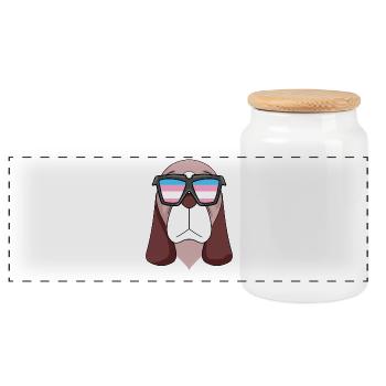 Transgender Basset Hound Dog - Dog with Glasses - Panoramic Cookie Jar with Wooden Lid - white - Front