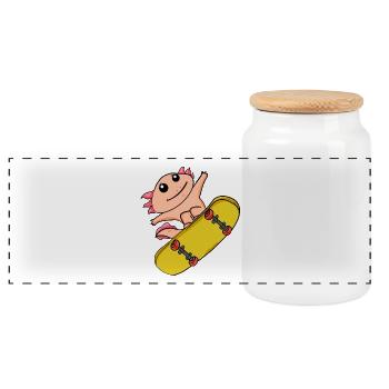 Axolotl as a skater with skateboard - Panoramic Cookie Jar with Wooden Lid - white - Front