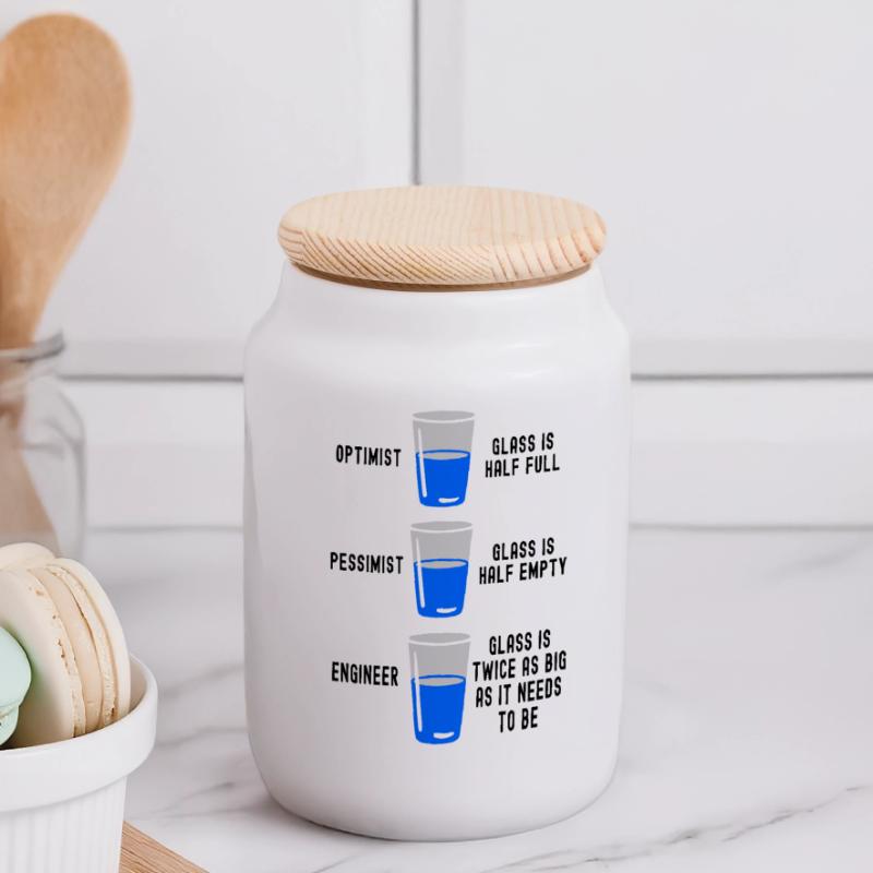 Engineer Glass Half Full Half Empty Funny Engineer Panoramic Cookie Jar with Wooden Lid