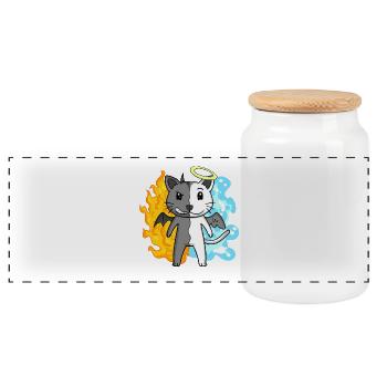 Cat Cat Breed Devon rex - Angel and Devil - Panoramic Cookie Jar with Wooden Lid - white - Front