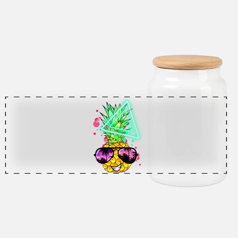 Lustige Ananas Neon Retro - Panorama Keksdose mit Holzdeckel - Weiß