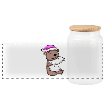 Bear with pillow and sleeping cap - Panoramic Cookie Jar with Wooden Lid - white - Front