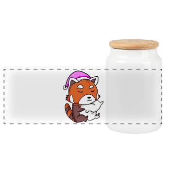 red panda with pillow and sleeping cap - Panoramic Cookie Jar with Wooden Lid - white - Front