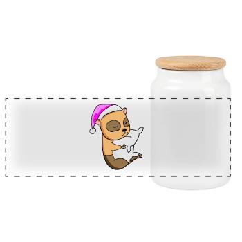 Guinea pig with pillow and sleeping cap - Panoramic Cookie Jar with Wooden Lid - white - Front